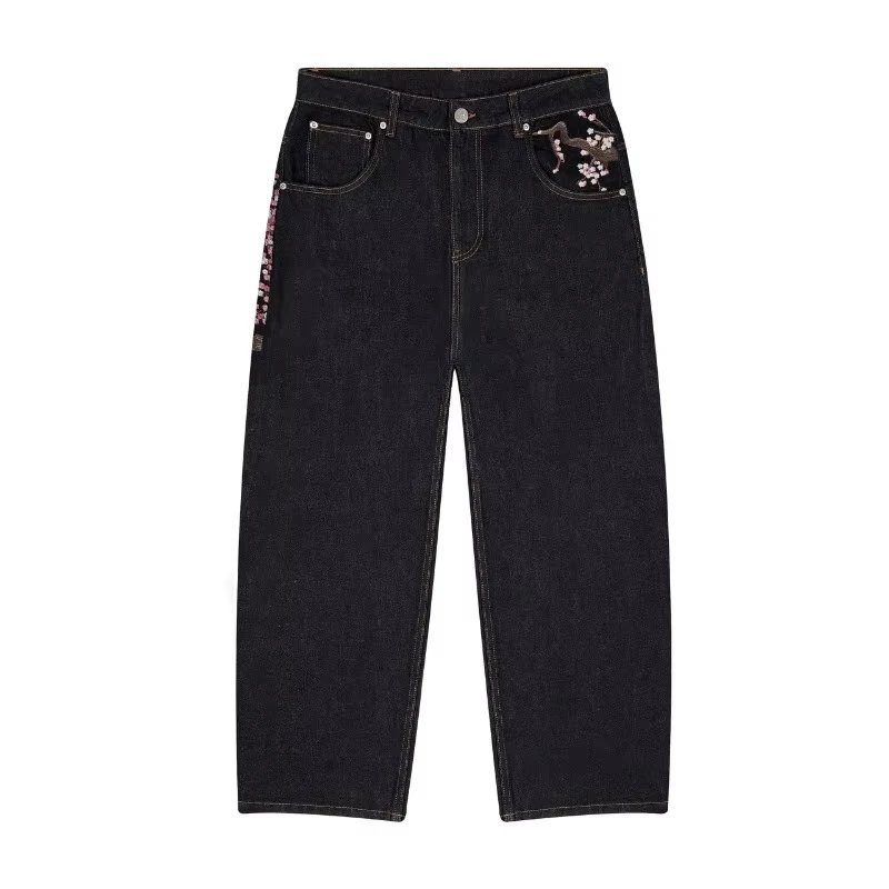 Design Floral Embroidery Wide Leg Jeans Black