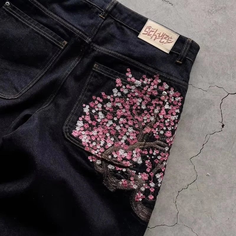 Design Floral Embroidery Wide Leg Jeans Black — product photo 2