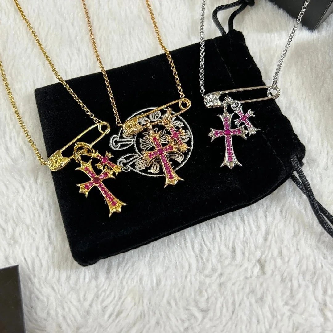 Chrome Hearts CH Safety Pin Cross Necklace Gemstone Pendant Silver and Gold