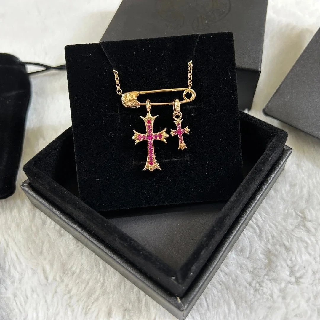 Chrome Hearts CH Safety Pin Cross Necklace Gemstone Pendant Silver and Gold — product photo 2