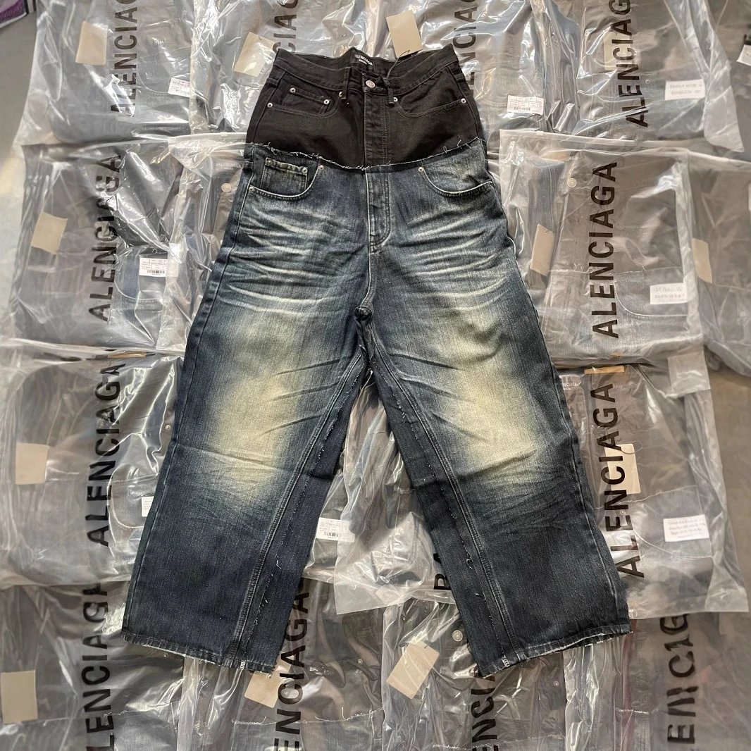 Balenciaga Layered Denim Jeans Distressed Wide Leg Pants Blue and Black — product photo 2