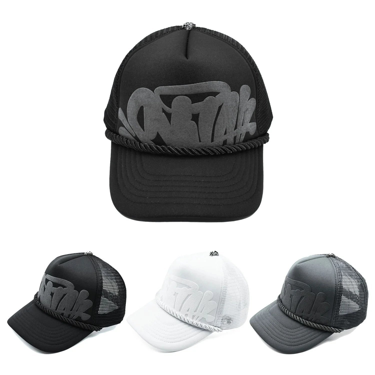 Design Graffiti Mesh Trucker Hat Streetwear Baseball Cap Black White and Gray — product photo 1
