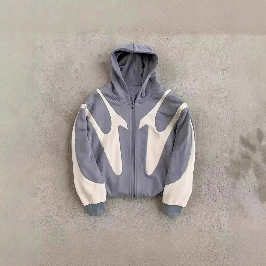 Hellstar Flame Zip-Up Hoodie Streetwear Cotton Sweatshirt Gray and Black — product photo 3