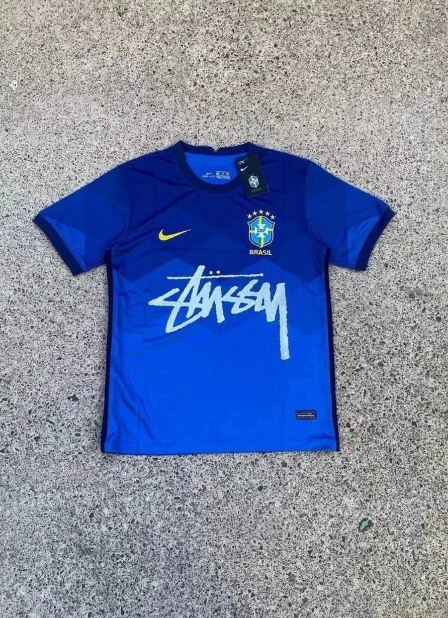 Stussy Nike Brazil National Team Graphic Streetwear Soccer Jersey Blue