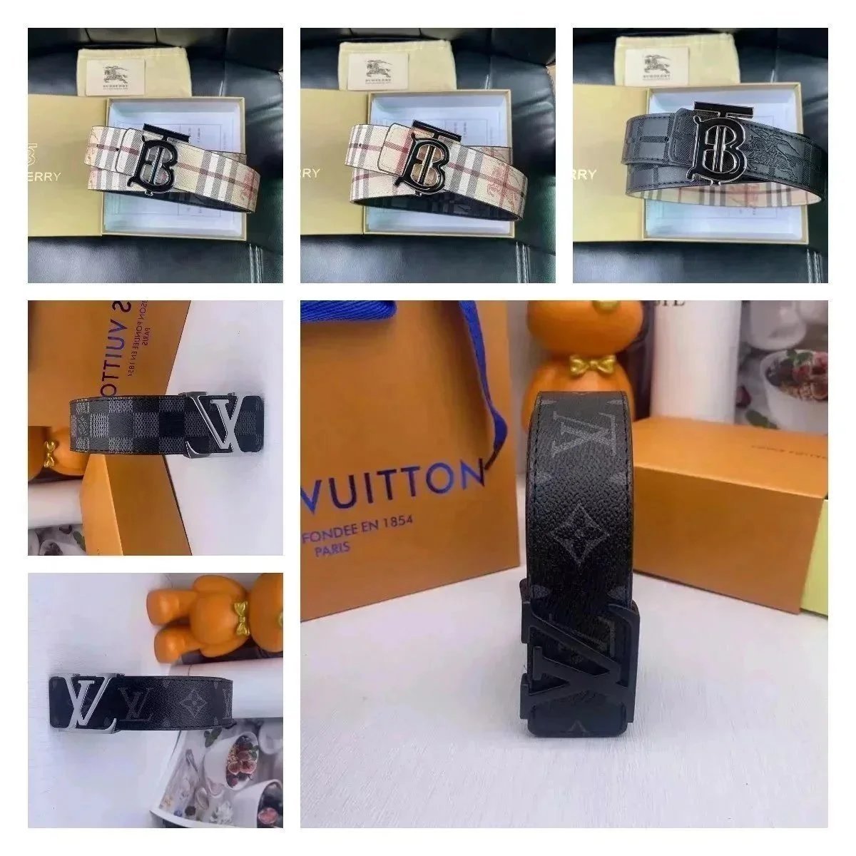 Burberry TB Monogram Leather Belt Beige and Black