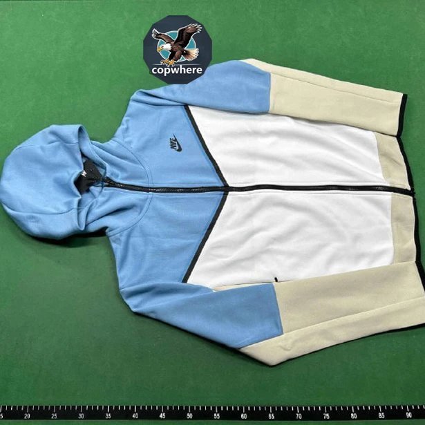 Nike Tech Fleece colorblock zip-up hoodie light blue white and beige — product photo 1