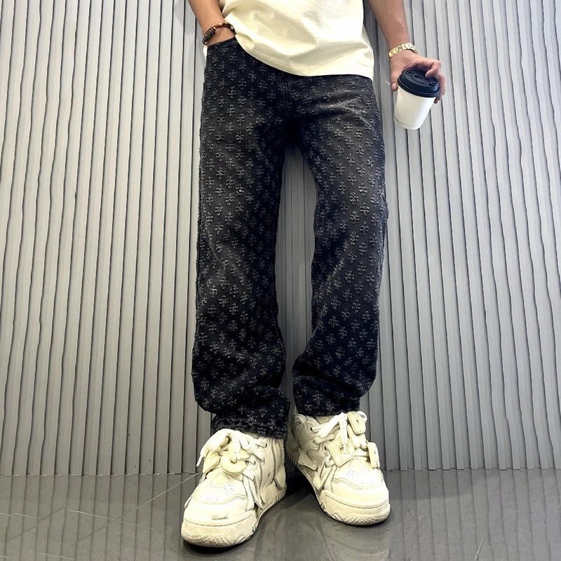 Design Distressed Denim Jeans Vintage Wide Leg Pants Blue — product photo 3