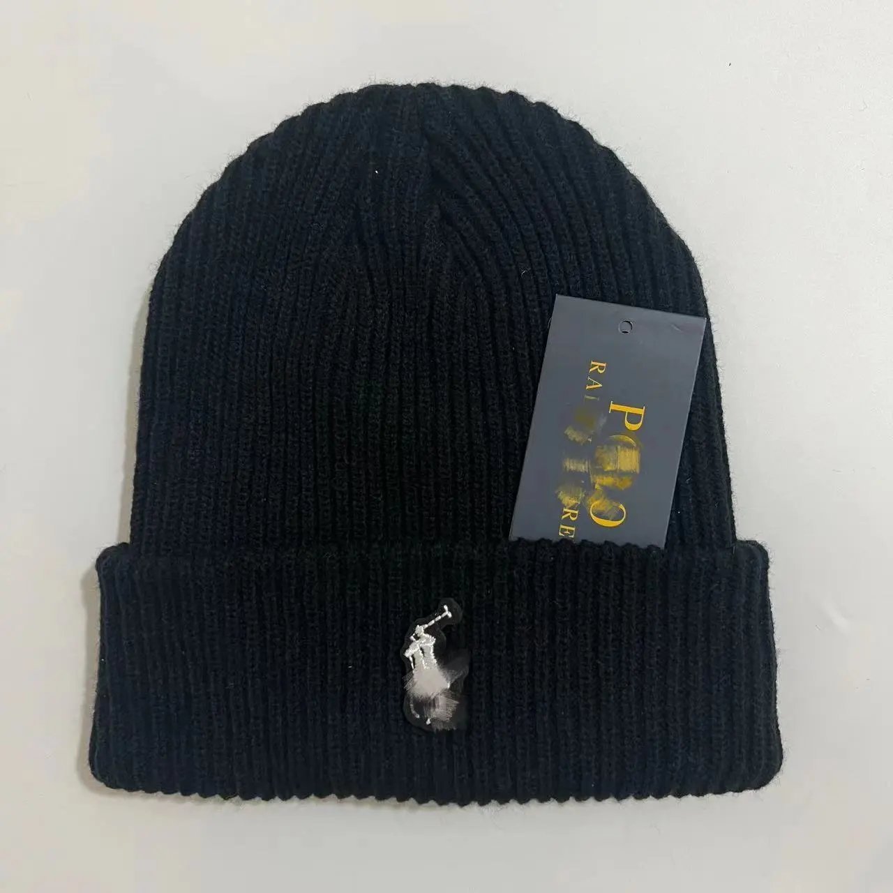 Ralph Lauren Ribbed Knit Classic Beanie Hat Black and Gray — product photo 3