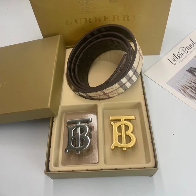 Burberry TB Monogram Reversible Belt Classic Check Leather Accessory Beige and Brown — product photo 1